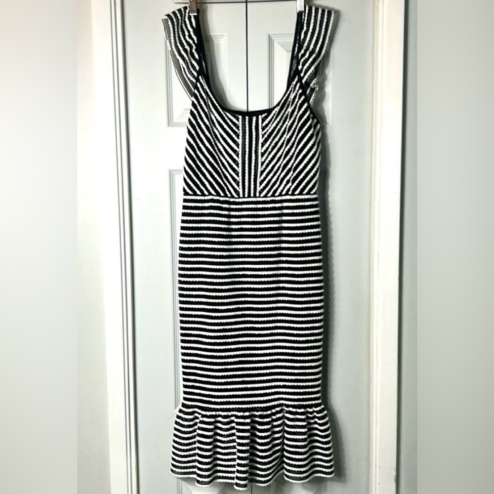 {BNWT}BCBGMaxAzria Black and White Striped Midi Dress with Flounced Hemline